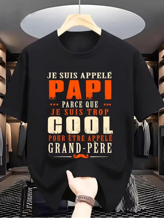 Men's Funny French Dad Joke T-Shirt - Papi French Phrase Humor, Lightweight Brown Shirt with Papi Print, Machine Washable Casual Gift for Fathers Day, Short Sleeve Round Neck Novelty Top