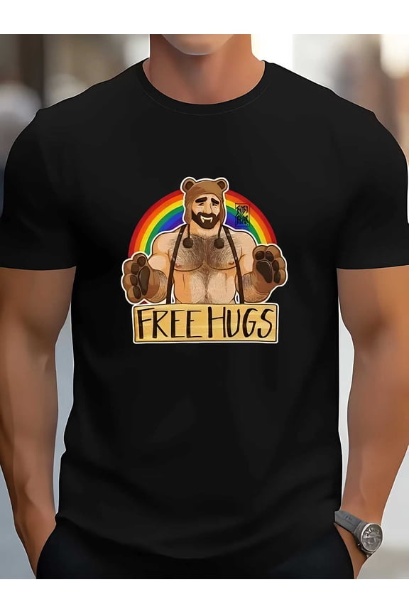 Men's Funny Gay Bear Graphic T-Shirt - Free Hugs Bear Design with Rainbow & Hug - 100% Cotton Casual Round Neck Short Sleeve Tee for LGBTQ+ Pride, Casual Attire & Outdoor Activities