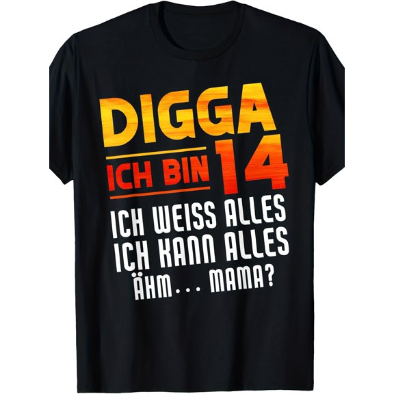 Men's Funny German Birthday Saying T-Shirt- Digga Ich Bin 14 Ich Weiss Alles(I'm 14 I Know Everything) 2010 Vintage Design- with Yellow& Red Text- 14th Birthday Party Outfit- Funny 14 Year Old