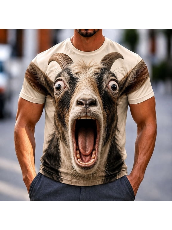 Men's Funny Goat 3D Graphic Tee Shirts Novelty Screaming Animal Print Short Sleeve T-Shirt Crewneck Casual Summer Tops Breathable Streetwear