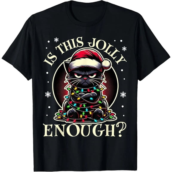 Men's Funny Grumpy Black Cat Christmas Graphic Crew‑Neck T‑Shirt,Crew Neck Classic Cotton Casual Xmas Top for Women Men