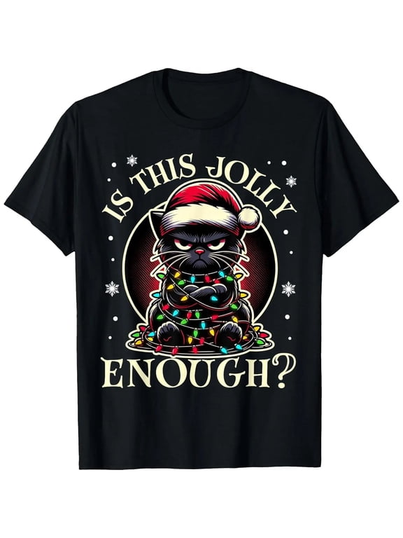 Men's Funny Grumpy Black Cat Christmas Graphic Crew‑Neck T‑Shirt,Crew Neck Classic Cotton Casual Xmas Top for Women Men