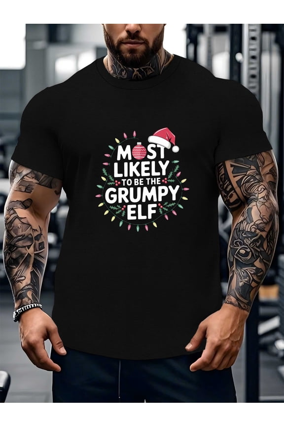 Men's Funny Grumpy Elf Christmas T-Shirt - "Most Likely to Be Grumpy Elf" Slogan with Elf Hat & Lights, Short Sleeve Crew Neck Summer Tee for Casual Wear & Holiday Parties (Black), PLUS SIZE