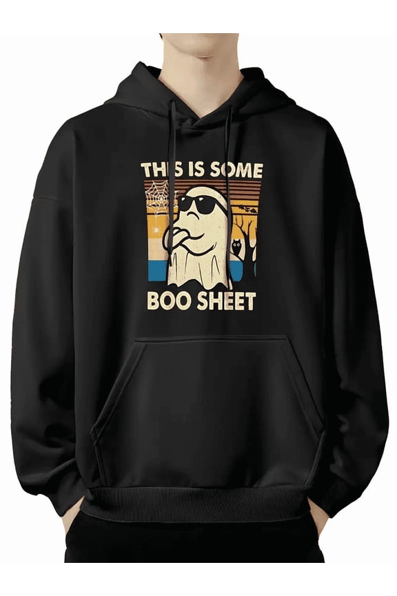 Men's Funny Halloween Graphic Hoodie,Loose Fit Pullover Sweatshirt with Ghost Bat Print,Drawstring Hood,Size S-3XL