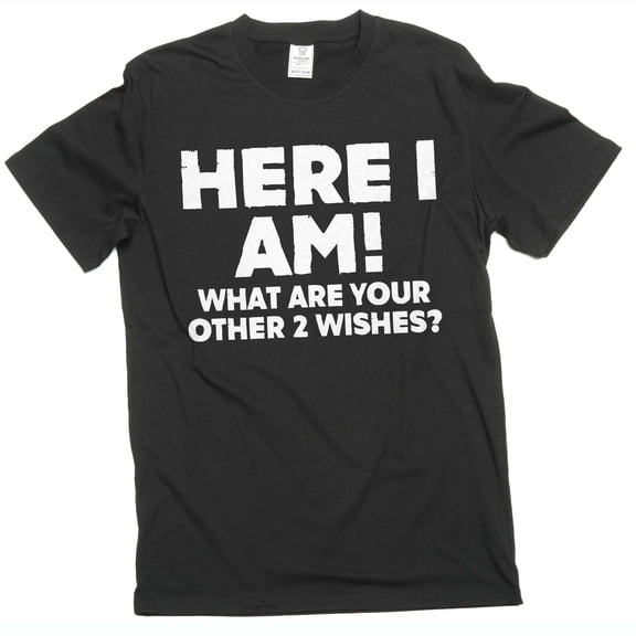 Men's Funny Here I am what are your other 2 wishes T-shirt humorous conversation starter graphic tee (Small Black)
