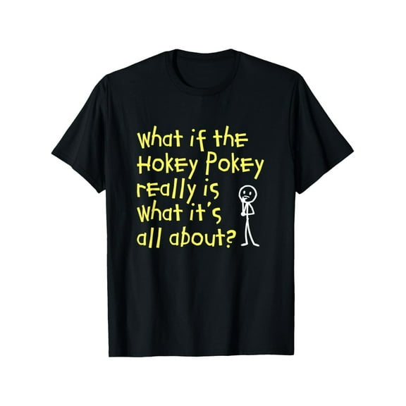 Men's Funny "Hokey Pokey" Graphic T-Shirt - Black Cotton Casual Tee with Yellow Text & Stick Figure Design, Short Sleeve, Round Neck, Machine Washable, Perfect for Casual AttireSizes