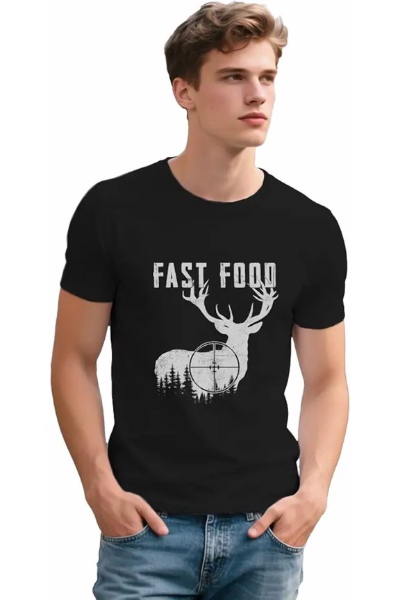 Men's Funny Hunting T-Shirt Fast Food Deer Buck Graphic Tee Short Sleeve Black