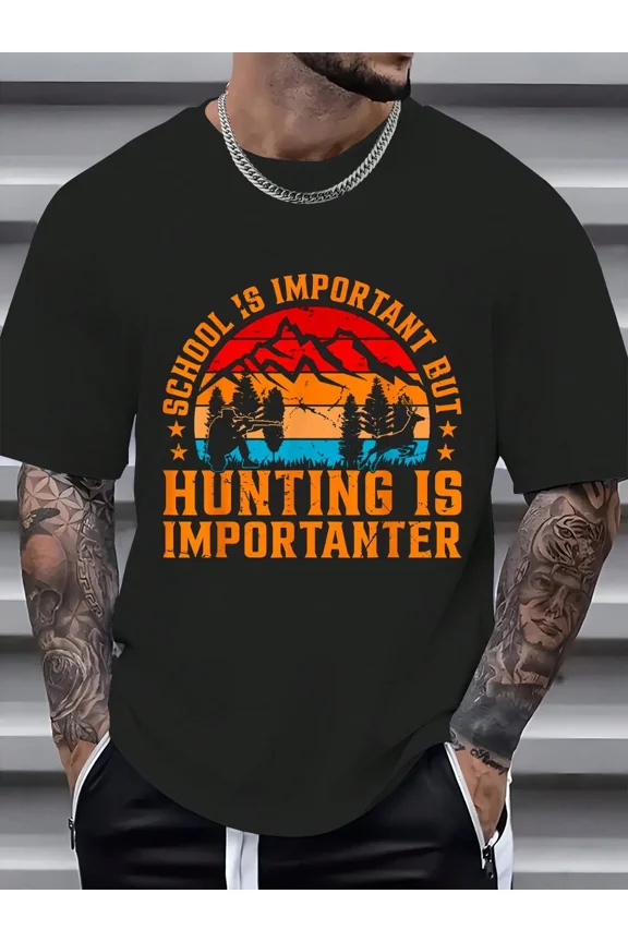 Men's Funny Hunting T-Shirt - School Is Important But Hunting Is Importanter Graphic Tee - Short Sleeve Crew Neck Outdoor Hunter Top