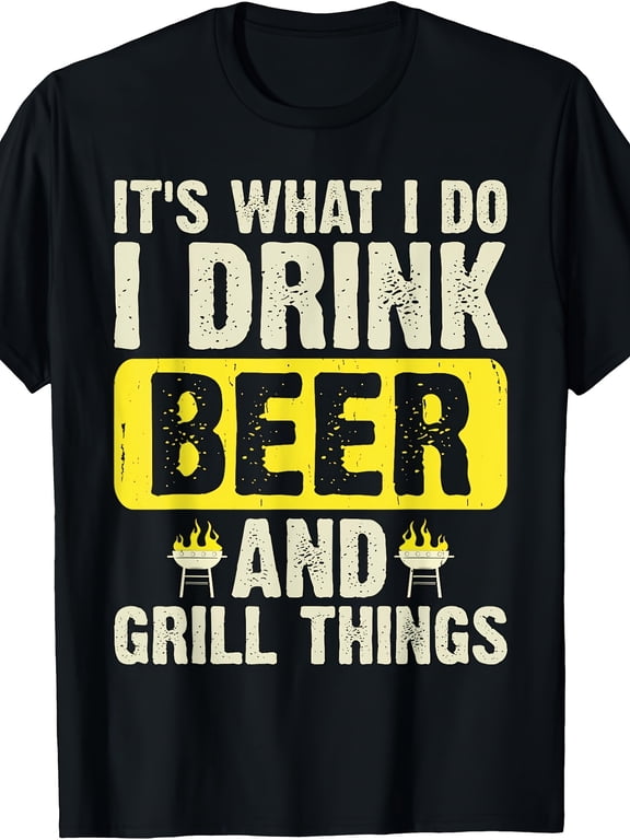 Men‘s Funny “I Drink Beer and Grill Things” BBQ Grill Beer Drinking Graphic Print Soft Breathable Round Neck Short Sleeve T-Shirt, All-Season Casual Wear for Outdoor Grilling Parties Events