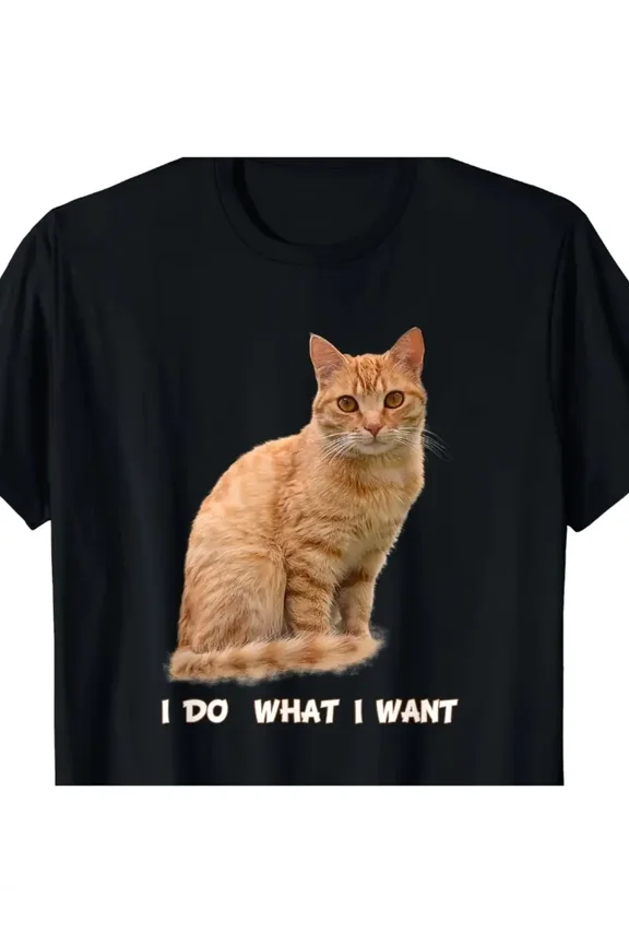 Men's Funny "I Do What I Want" Orange Tabby Cat Graphic T-Shirt - Black Casual Short Sleeve Round Neck Tee for Cat Lovers, All-Season Comfort Fit Gift Apparel