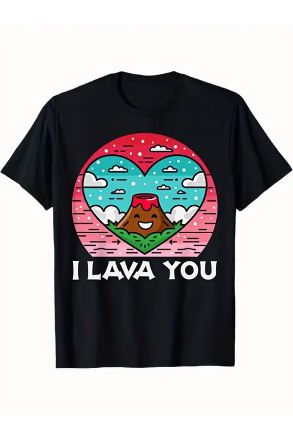 Men's Funny "I Lava You" Volcano & heart graphic T-Shirt - Lightweight Cotton Short Sleeve Crew Neck Tee with Lava Print, Relaxed Fit Casual Top for Valentine's Day, Summer