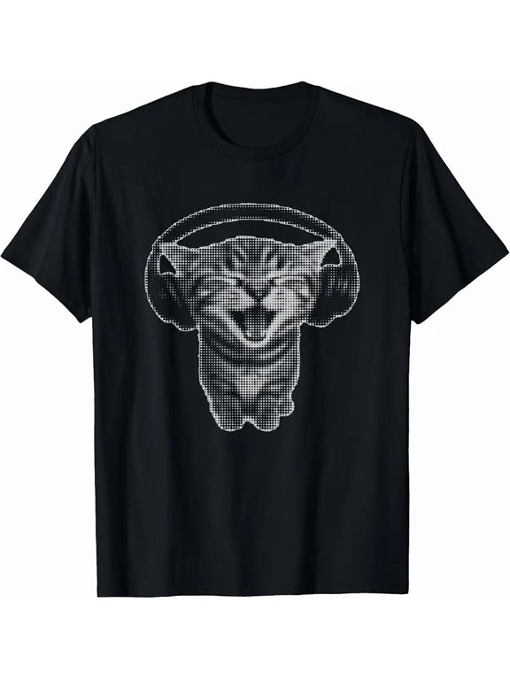 Men's Funny Music DJ Cat Halftone Graphic T-Shirt