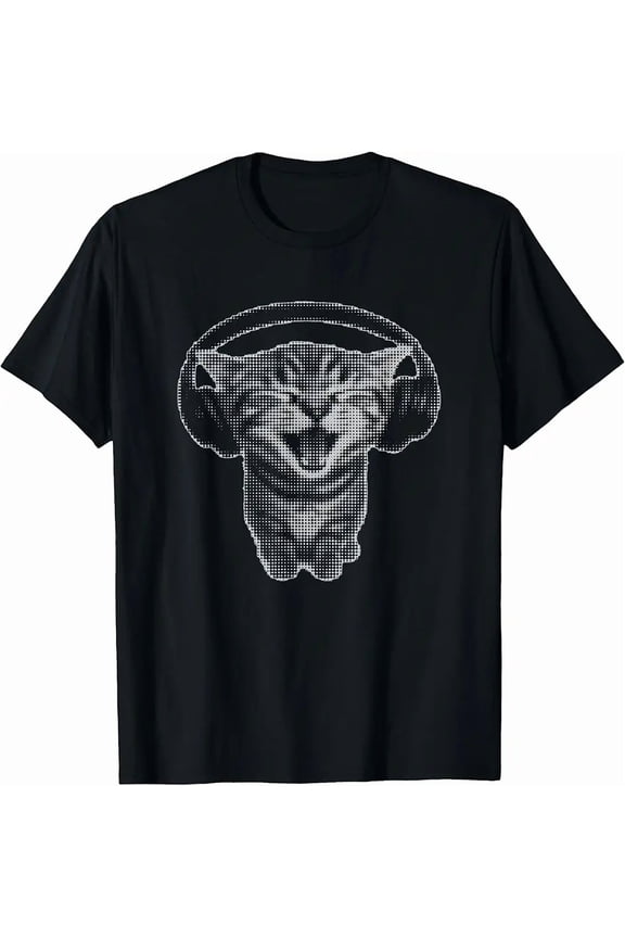Men's Funny Music DJ Cat Halftone Graphic T-Shirt