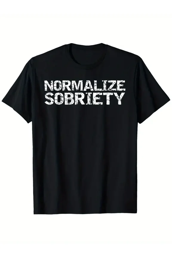 Men's Funny Normalize Sobriety Addiction Recovery Tee - Black with White Text - Lightweight Everyday Sobriety Shirt - Machine Washable - Gift for sober birthday, AA Meetings