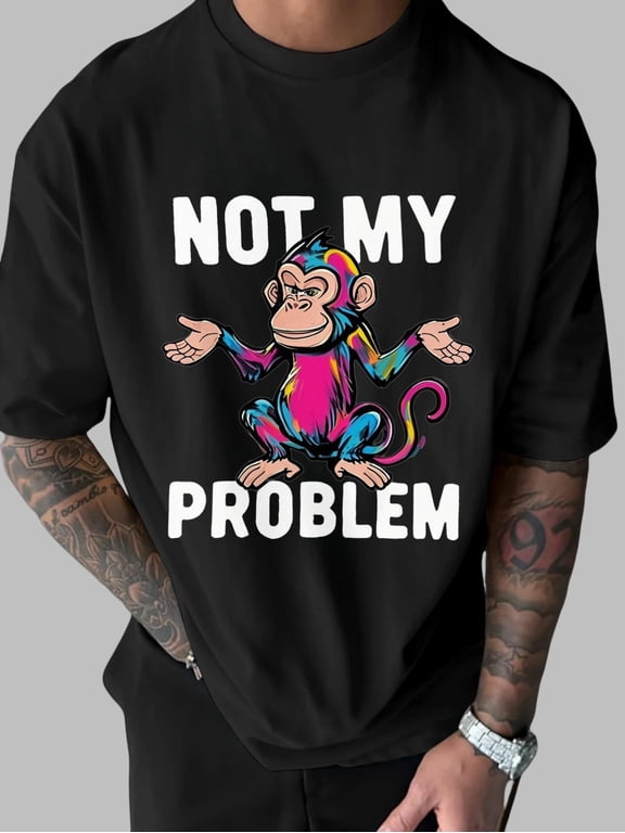 Men's Funny "Not My Problem Monkey" Graphic T-Shirt - Soft Cotton Loose Fit Casual Tee with Colorful Cartoon Monkey Design, Short Sleeve Shirt for Streetwear & Everyday Outfits, PLUS SIZE