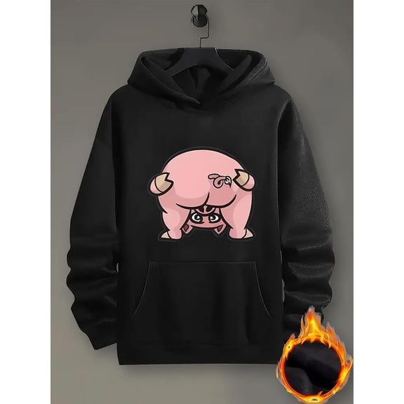 Men's Funny Penny Bank Graphic Hoodie - Pink Pig & Money Design, Loose Fit Pullover Sweatshirt with Kangaroo Pocket, All-Season Casual Wear for Fall Winter Spring Summer, Comfortable Polyester Sweate