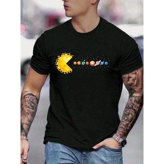 Men's Funny Planet Print Round Neck Short Sleeve Casual Loose T-Shirt, Suitable For Street, Outdoor, Layering, And Daily Wear