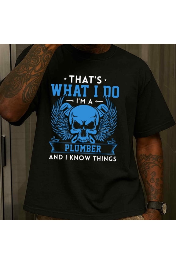 Men's Funny Plumber Thirt - 180g Heavyweight 100% Cotton Plumbing Slogan & Wrench Design - Plumber Pride Graphic Tee with Skull & Tools - Casual Workwear for Plumbers, DIY Enthusiasts (Black)