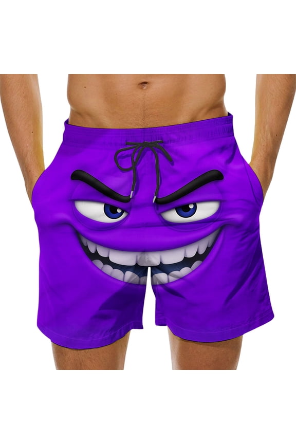 Men's Funny Purple Monster Face Swim Trunks Quick Dry Elastic Waist Drawstring Shorts Novelty Beach Board Shorts