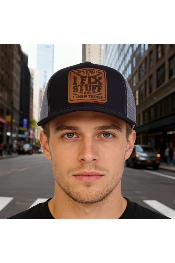 Men's Funny Quote Trucker Cap "I Fix Stuff" Leather Patch Adjustable Mesh Hat for Outdoor Activities and Daily Use Dark Gray