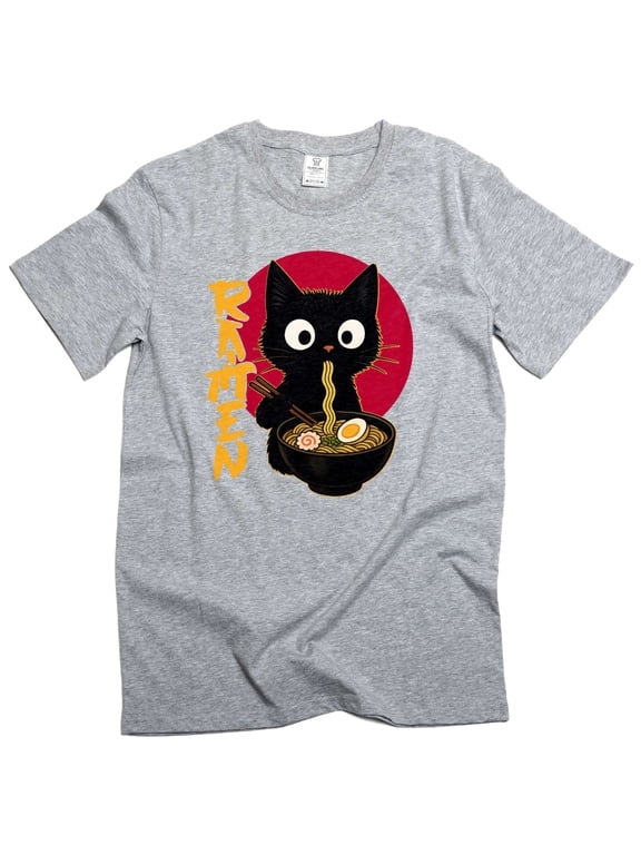Men's Funny Ramen cat T-shirt cat eating ramen funny cat pet food Tee (Small Grey)