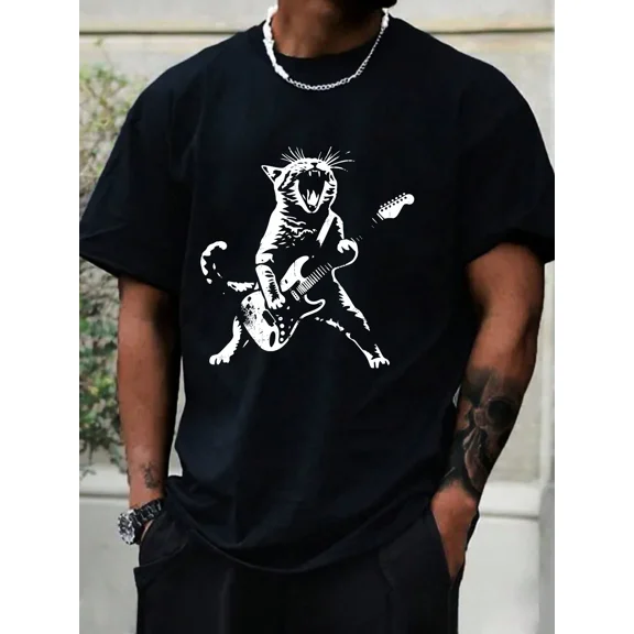 Men's Funny Rocker Electric Guitar Playing Cat Graphic T-Shirt