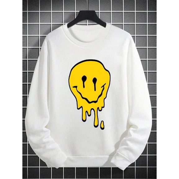 Men's Funny Smiling Face Print Crew Neck Sweatshirt, Street Fashion, Autumn/Winter