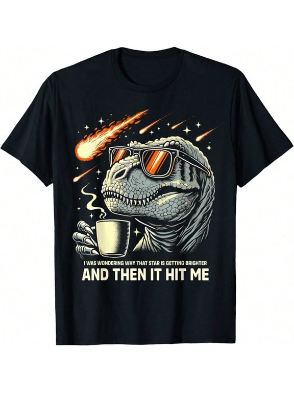 Men's Funny T-Rex Dinosaur Coffee Graphic T-Shirt, Cool Dinosaur Wearing Sunglasses with Coffee Mug Print, Soft Breathable Short Sleeve Crew Neck Casual Tee for Everyday Wear, Travel, Outdoor, Gift f