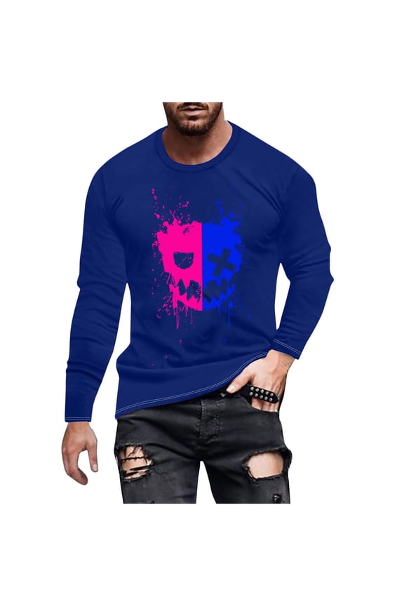 Men's Funny T Shirt Oversized Round Neck Long Sleeve Smiling Face Novelty Printed Tees Fall Winter Casual Pullover Blouses Halloween Costumes Teens Going Out Streetwear Y2k Tops