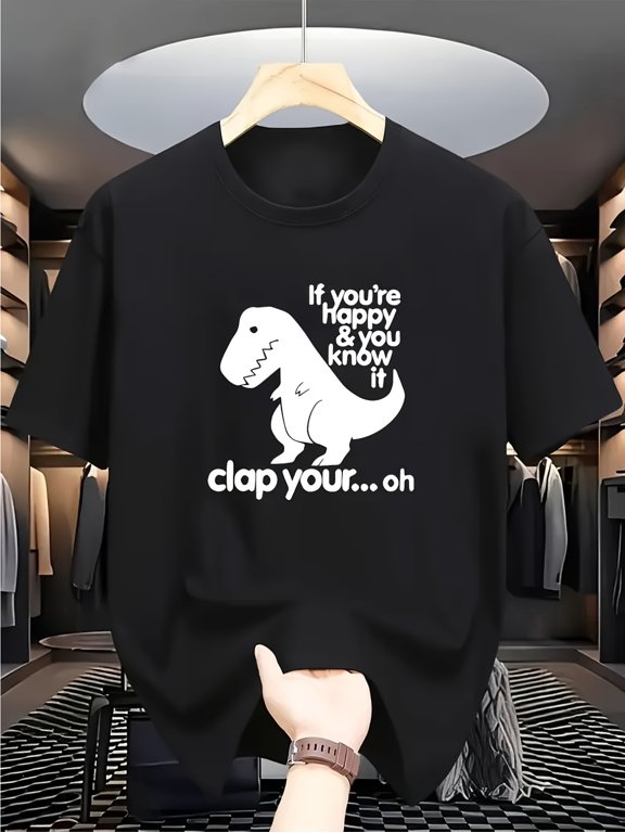 Men's Funny T-Shirt with "If You're Happy & You Know It Clap Your... Oh" Dinosaur Print - Black & White T-Rex Graphic Tee, Casual Round Neck Short Sleeve Shirt