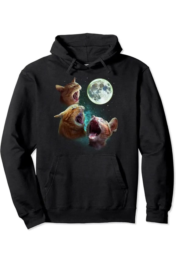 Men's Funny Three Orange Tabby Cats & Wolves Howling at Moon Hoodie - Black Casual Pullover Sweatshirt with Pockets, Relaxed Fit, Cat & Wolf Print for Cat Lovers, Cool Winter Wear (Machine Washable)