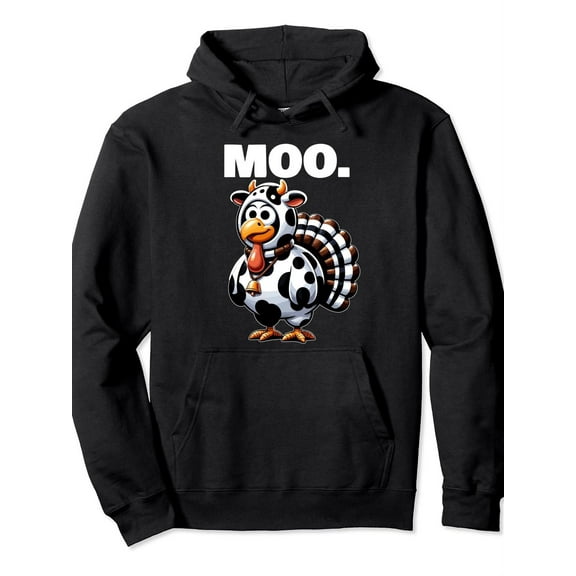 Men's Funny Turkey Cow-Spooked Thanksgiving Hoodie - Cow-Spooked Turkey & MOO! Print Pullover, 250gsm Coon-Blend Sweatshirt with Kangaroo Pocket, Adjustable Hood for Fall Parties, Christmas & Quirky