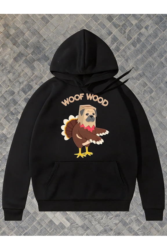 Men's Funny Turkey & Woof Wood Dog Print Hooded Sweatshirt - Slim-Fit Loose Hoodie Pullover, Warm Winter Sweater for Thanksgiving, Fall & Pet Lovers (Black) - Easy-Care Turkey & Dog Costume Apparel