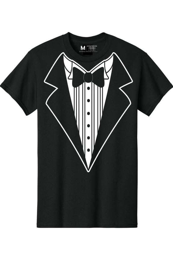 Men's Funny Tuxedo T-Shirt Black Black W Bowtie & Buttons, Large