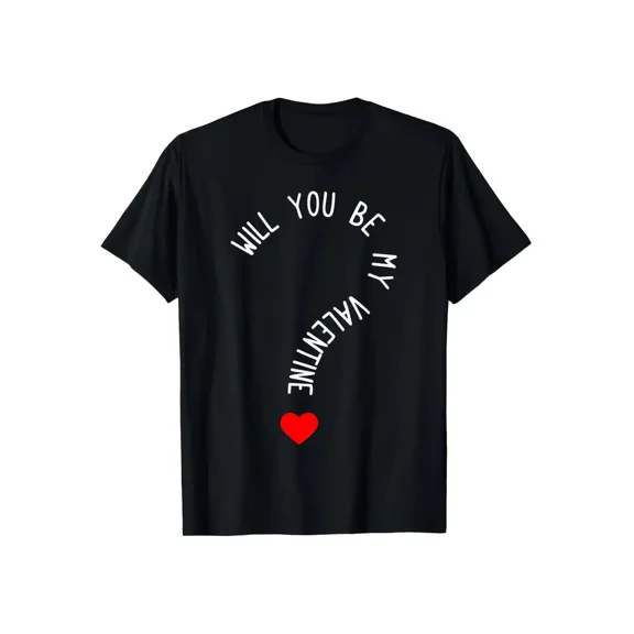Men's Funny Valentine's Day T-Shirt - Will You Be My Valentine? White Text & Red Heart Graphic - Soft Breathable Cotton Tee - Black Shirt with Minimalist Valentine's Design