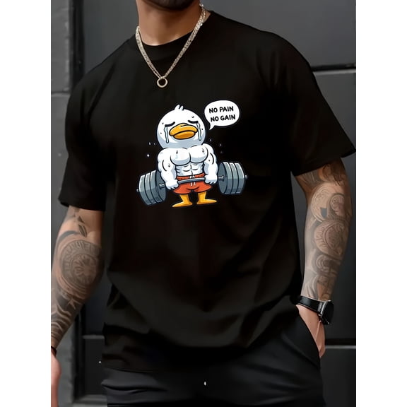 Men's Funny Weightlifting Duck Graphic T-Shirt - "No Pain No Gain" Motivational Print, 100% Cotton 180gsm, Regular Fit Short Sleeve Round Neck Casual Tee for Gym & Casual Attire, Gym Clothes