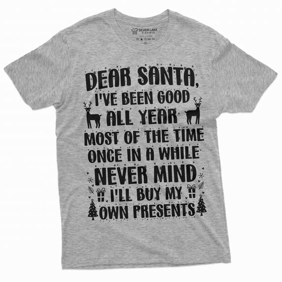 Men's Funny letter to Santa T-shirt never mind I will buy my own presents funny Christmas gift Tee (XX-Large Grey)