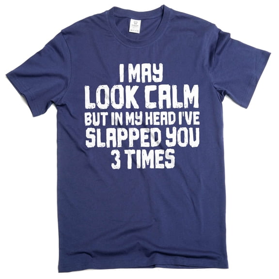 Men's Funny look calm but slapped you 3 times T-shirt humorous novelty tees (Large Navy Blue)