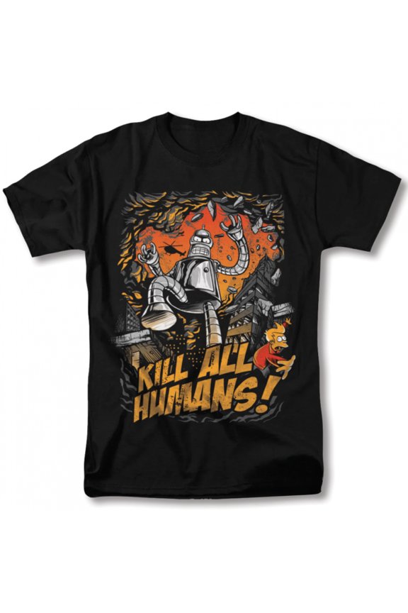 Men's Futurama Bender "Kill All Humanity" T-Shirt with Flame Explosion Graphic - Iconic Bender Face & Classic Cartoon Design, Soft-Fit Round Neck Tee for Pop Culture Fans, Machine Washable Gift