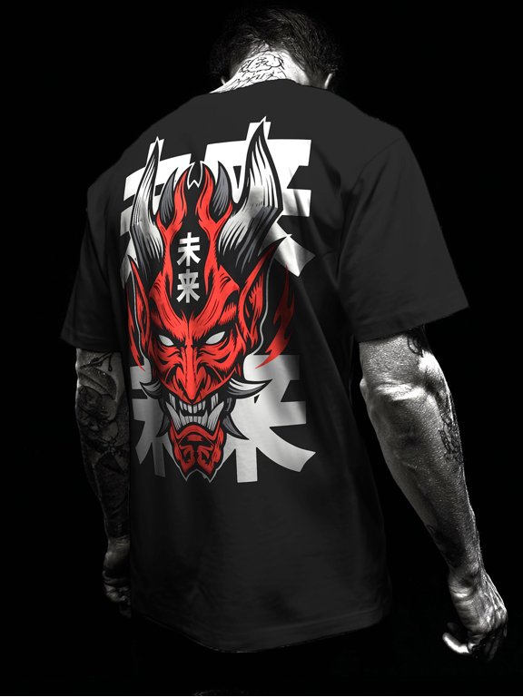 Men's Future Gothic Dark Style T-Shirt, Oni Mask Graphic Print Short Sleeve Crew Neck Tee, Street Casual Top for Men