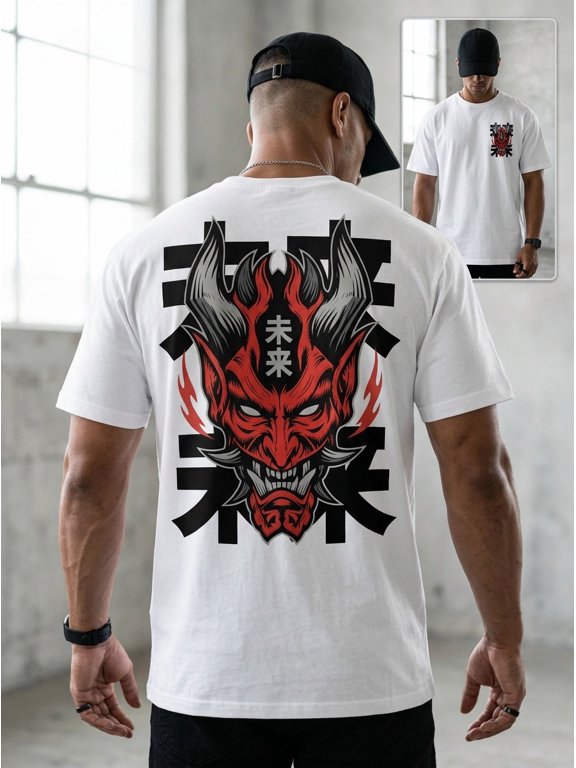 Men's Future Gothic Dark Style T-Shirt, Oni Mask Graphic Print Short Sleeve Crew Neck Tee, Street Casual Top for Men
