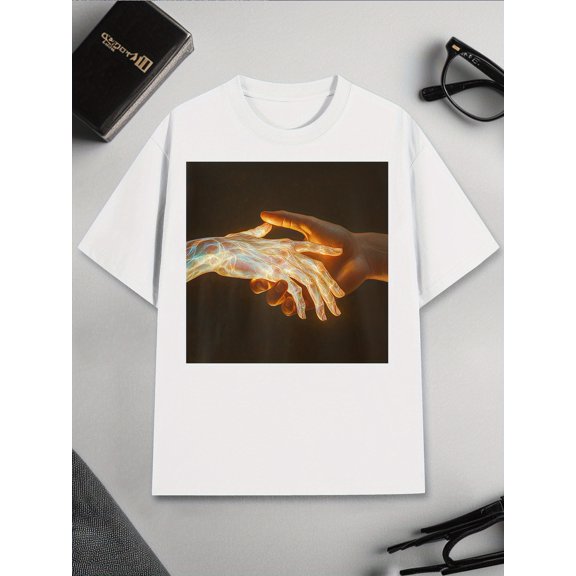Men's Futuristic Holographic Hands Graphic T-Shirt - 100% Cotton, Soft & Breathable, Round Neck, Short Sleeve, Vibrant Digital Print Tee for Casual Wear
