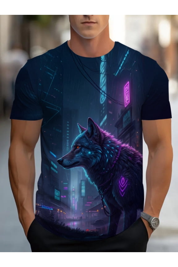 Men's Futuristic Wolf and Neon City Pattern T-Shirt - Comfortable Lightweight Fabric, Navy Blue Casual Short Sleeve Crew Neck Shirt, Durable Art Print, Crew Neck Short Sleeve
