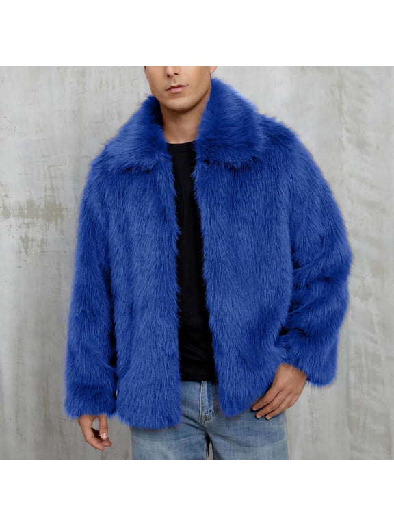 Men's Fuzzy Fleece Cardigan Coat, Winter Warm Overcoat Long Sleeve Open Front Outerwear Jacket Blue L