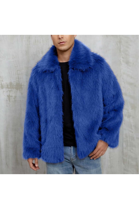 Men's Fuzzy Fleece Cardigan Coat, Winter Warm Overcoat Long Sleeve Open Front Outerwear Jacket Blue L