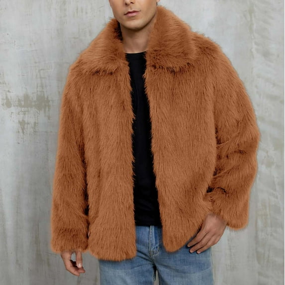 Men's Fuzzy Fleece Cardigan Coat, Winter Warm Overcoat Long Sleeve Open Front Outerwear Jacket Brown S