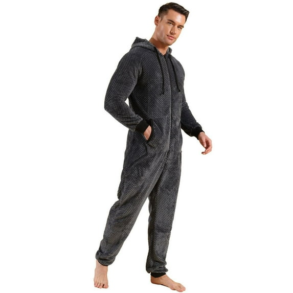 Men's Fuzzy Fleece Hooded Onesie Pajamas Loose Thick Thermal Baggy Adult Warm Full Zipper Long Sleeve Long Pants Sleepwear Lounge Fall Winter One Piece Pjs Zip Up Jumpsuit Grey Large