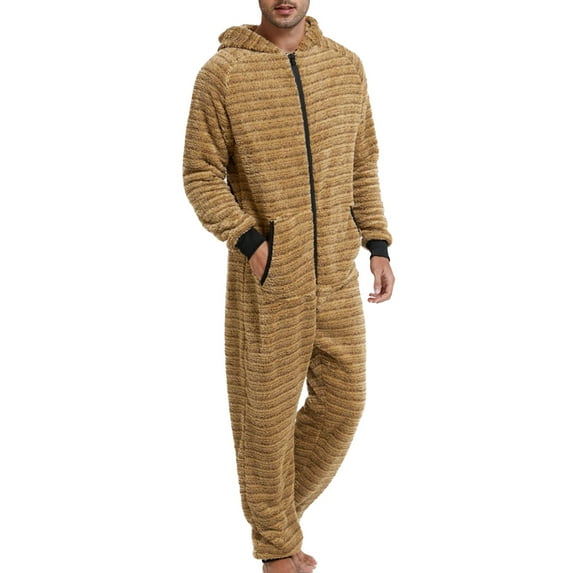 Men's Fuzzy Fleece Hooded Onesie Pajamas Loose Thick Thermal Baggy Adult Warm Full Zipper Long Sleeve Long Pants Sleepwear Lounge Fall Winter One Piece Pjs Zip Up Jumpsuit Yellow Medium