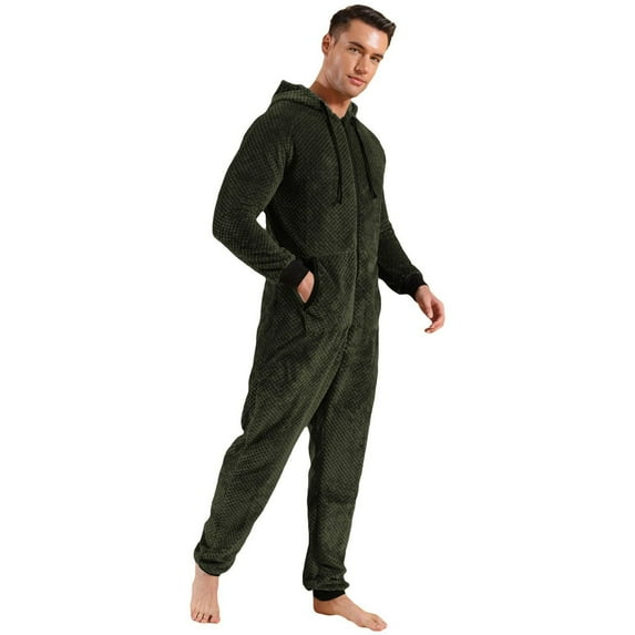 Men's Fuzzy Fleece Hooded Onesie Pajamas Loose Thick Thermal Baggy Adult Warm Full Zipper Long Sleeve Long Pants Sleepwear Lounge Fall Winter One Piece Pjs Zip Up Jumpsuit Green Medium