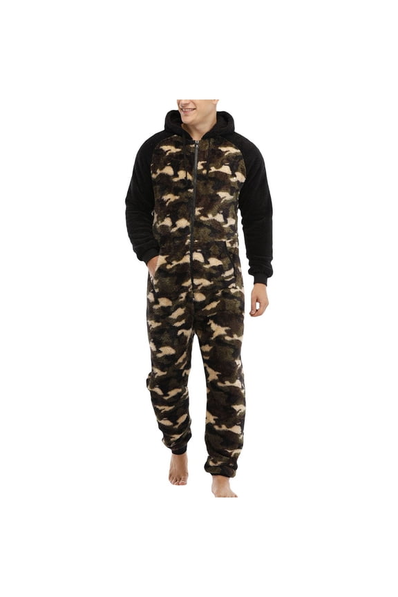 Men's Fuzzy Fleece Hooded Onesie Pajamas Loose Thick Thermal Baggy Adult Warm Full Zipper Long Sleeve Long Pants Sleepwear Lounge Fall Winter One Piece Pjs Zip Up Jumpsuit Army Green XX-Large